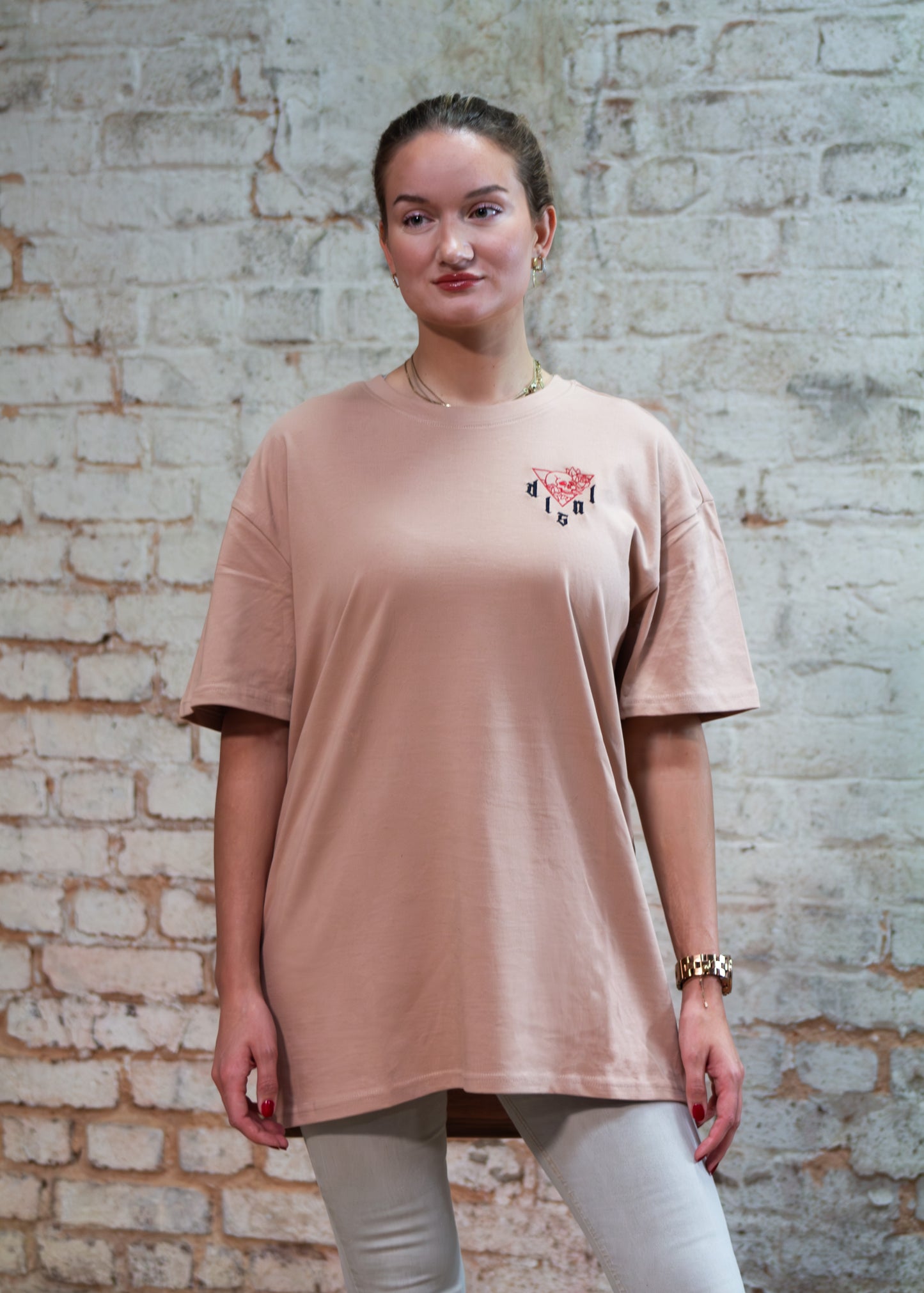 Oversized T-Shirt mit gesticktem Frontdetail und Backprint „gothic era“ aus der Collection No. 0 – new era; gefertigt aus 100 % Baumwolle (240 gsm), hochwertig verarbeitet, ideal für Auto-Enthusiasten mit Faible für düstere Ästhetik. Farbe : Rosegold