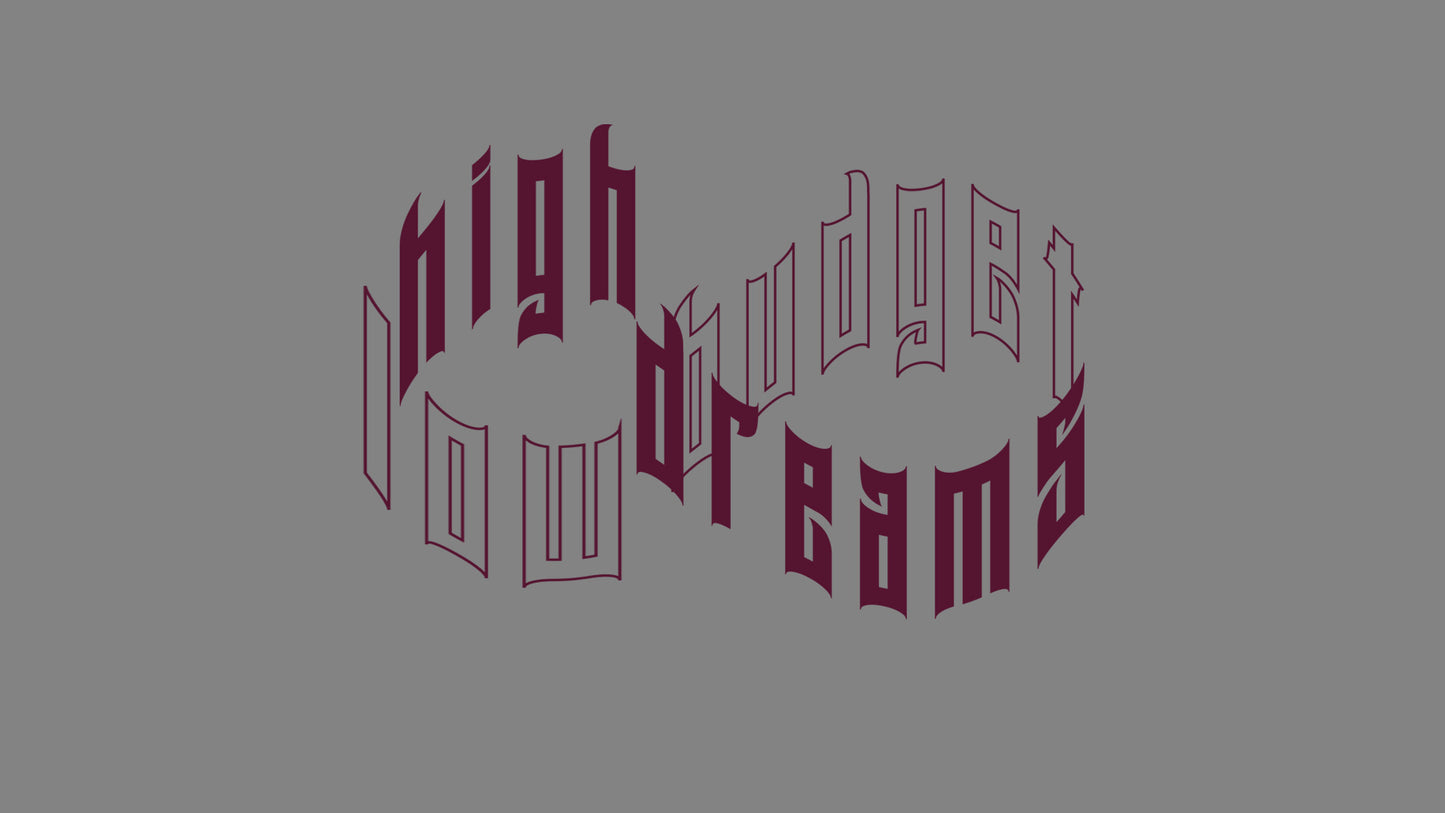 Rechteckiger Autosticker mit dem Schriftzug „low budget, high dreams“, wählbar in 25×17,1 cm oder 40×27,4 cm; frisch produziert, aus langlebiger Oracal/Orafol-Vinylfolie, selbstklebend, ideal für Tuning-Fans und Auto-Enthusiasten. Folie : Bordeaux