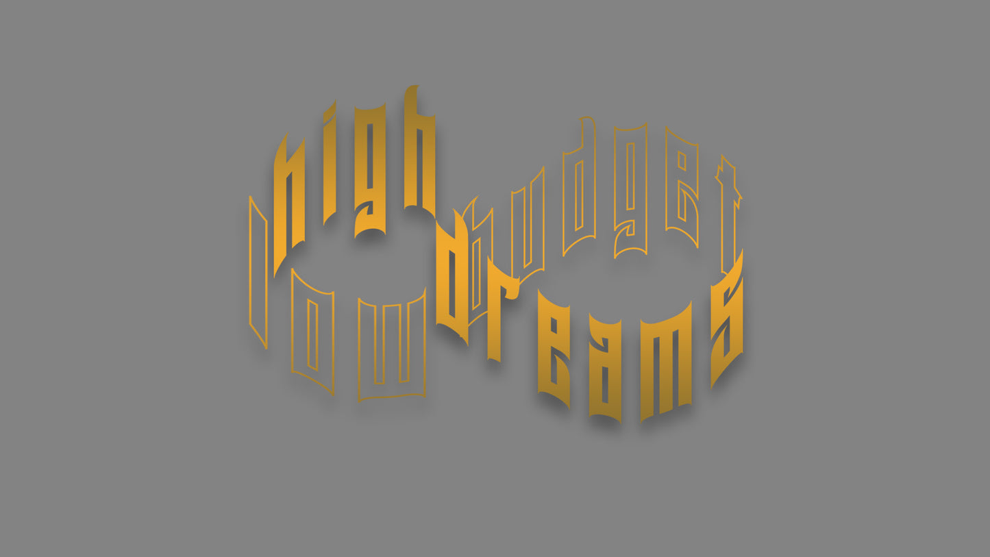 Rechteckiger Autosticker mit dem Schriftzug „low budget, high dreams“, wählbar in 25×17,1 cm oder 40×27,4 cm; frisch produziert, aus langlebiger Oracal/Orafol-Vinylfolie, selbstklebend, ideal für Tuning-Fans und Auto-Enthusiasten. Folie : Gold