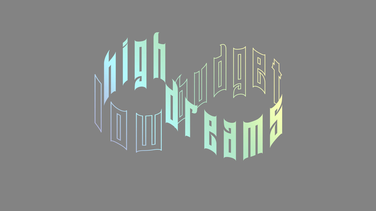 Rechteckiger Autosticker mit dem Schriftzug „low budget, high dreams“, wählbar in 25×17,1 cm oder 40×27,4 cm; frisch produziert, aus langlebiger Oracal/Orafol-Vinylfolie, selbstklebend, ideal für Tuning-Fans und Auto-Enthusiasten. Folie : Oilslick