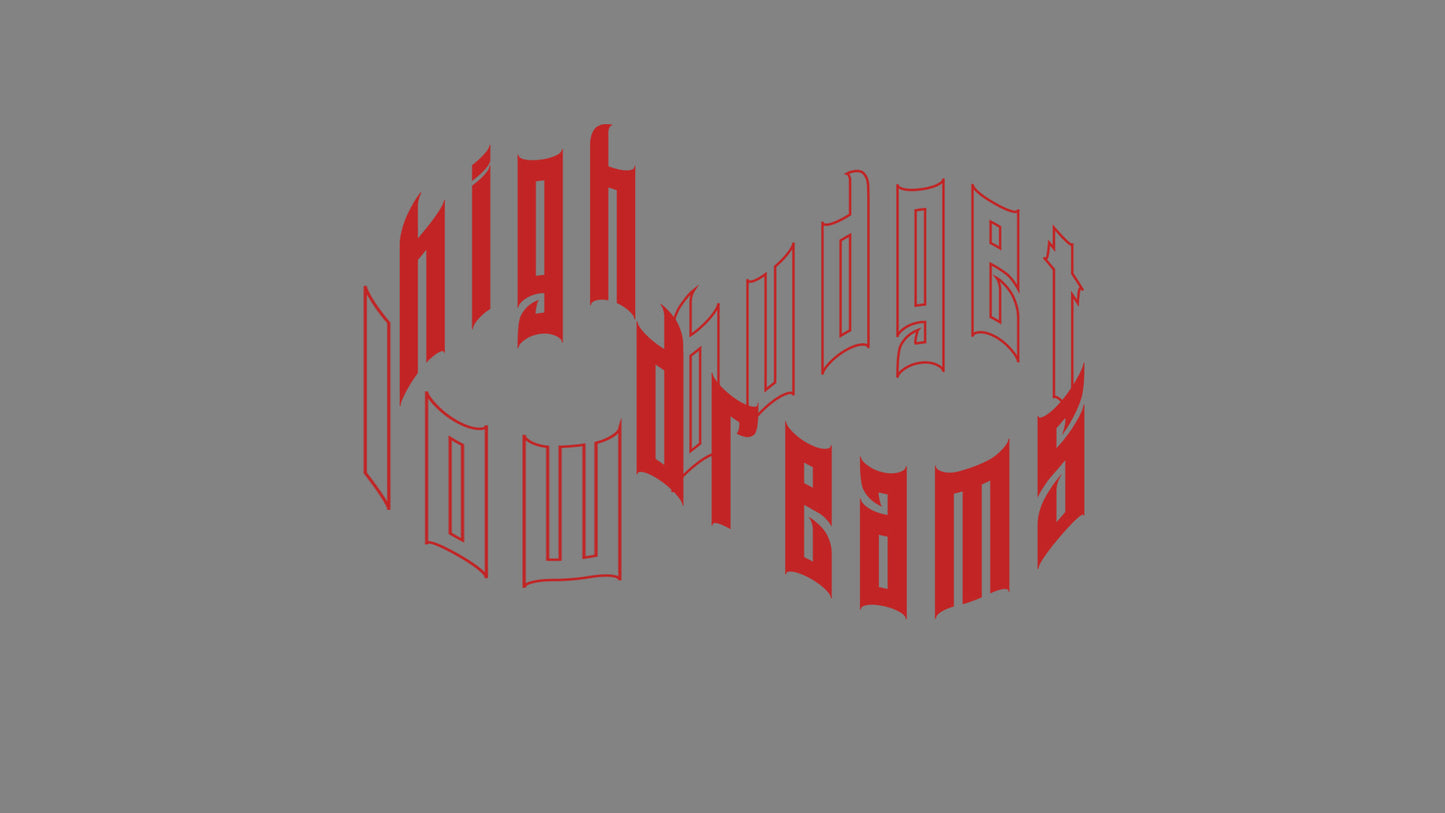 Rechteckiger Autosticker mit dem Schriftzug „low budget, high dreams“, wählbar in 25×17,1 cm oder 40×27,4 cm; frisch produziert, aus langlebiger Oracal/Orafol-Vinylfolie, selbstklebend, ideal für Tuning-Fans und Auto-Enthusiasten. Folie : Rot