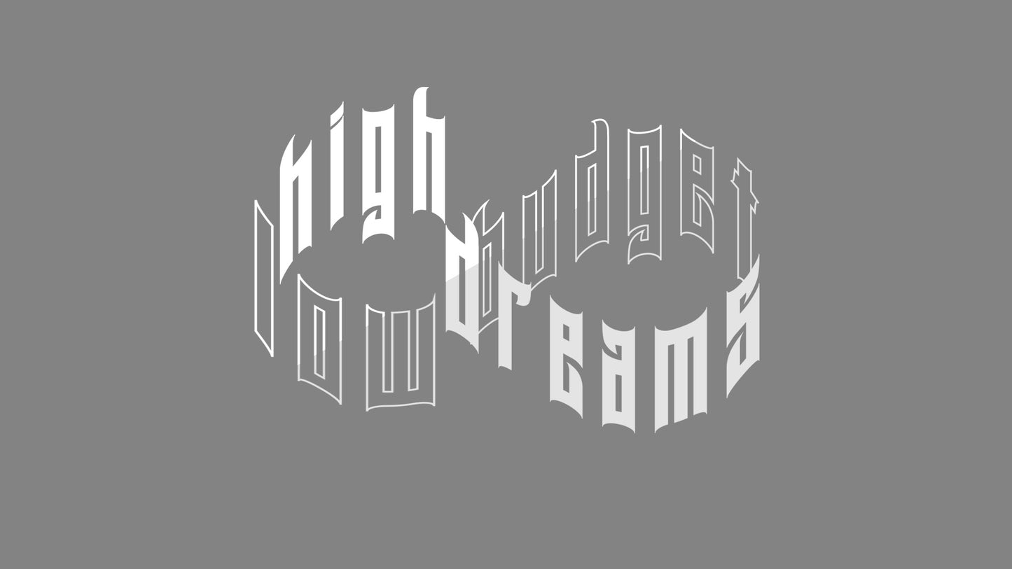 Rechteckiger Autosticker mit dem Schriftzug „low budget, high dreams“, wählbar in 25×17,1 cm oder 40×27,4 cm; frisch produziert, aus langlebiger Oracal/Orafol-Vinylfolie, selbstklebend, ideal für Tuning-Fans und Auto-Enthusiasten. Folie : Weiß Glänzend