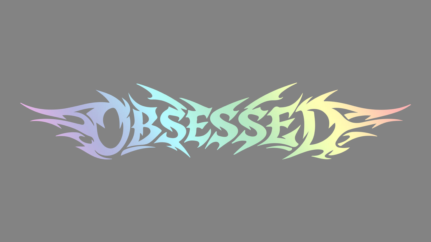 Sticker obsessed auf grauem Hintergrund in der Farbe oilslick