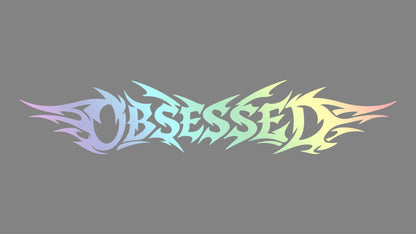 Sticker obsessed auf grauem Hintergrund in der Farbe oilslick