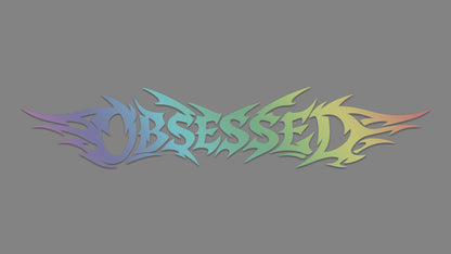 Sticker obsessed auf grauem Hintergrund in der Farbe oilslick schwarz